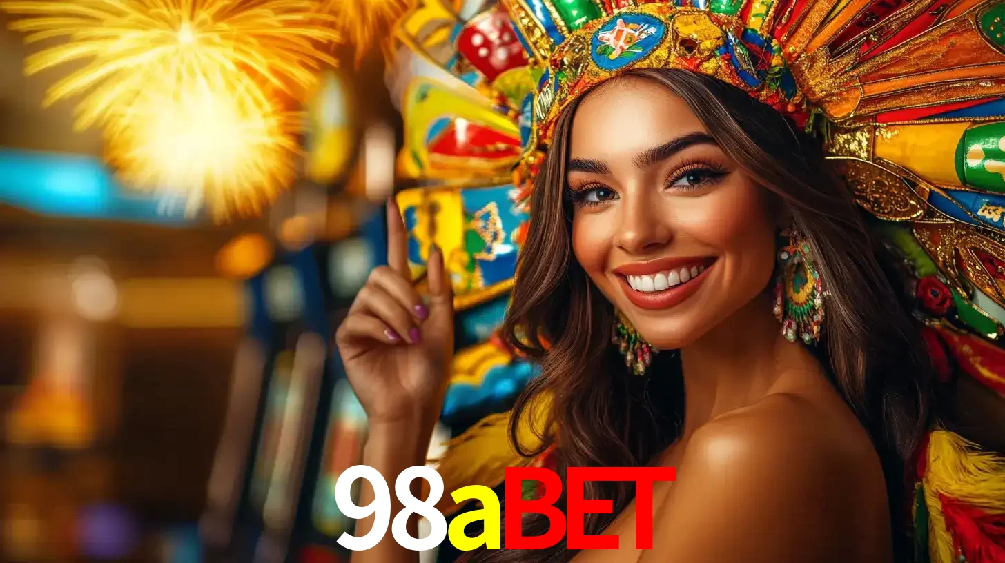 Mulher sorridente com um cocar de carnaval vibrante e colorido, celebrando uma grande vitória nos jogos do cassino 98abet com fogos de artifício ao fundo.