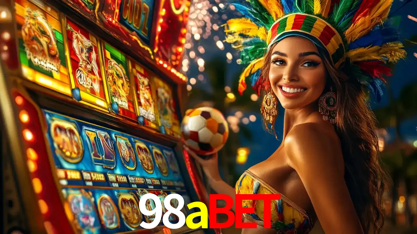Mulher com um cocar de carnaval ao lado de uma máquina de caça-níqueis enquanto segura uma bola de futebol, mostrando a união da diversão de cassino e esportes no 98abet.