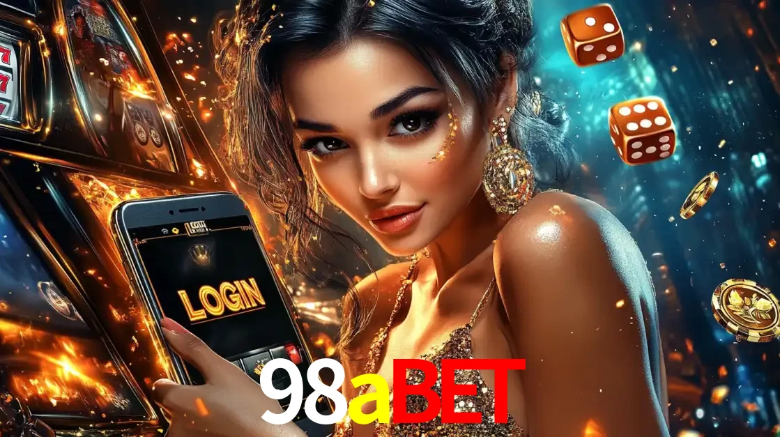 Mulher glamourosa segurando um celular com a tela de login do cassino 98abet, rodeada por dados e moedas douradas, pronta para começar a diversão.