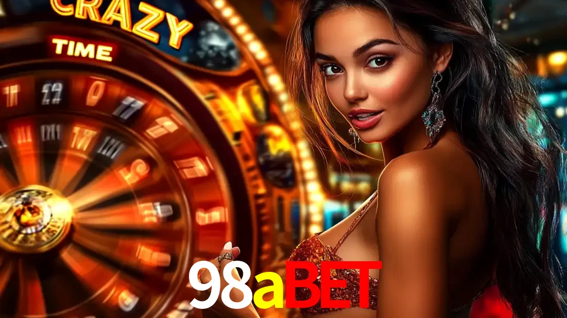 Mulher ao lado da roda de prêmios do jogo de cassino ao vivo Crazy Time, um dos shows de jogos mais emocionantes oferecidos pela plataforma de apostas 98abet.