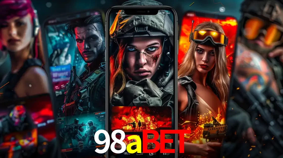 Montagem de telas de celular mostrando diversos personagens, masculinos e femininos, de um jogo de tiro, ilustrando a diversidade de equipes de e-sports para apostar no 98abet.