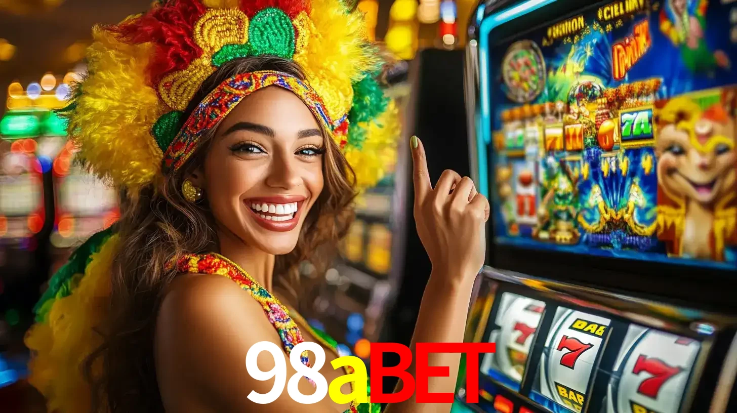 Mulher animada com um cocar de carnaval apontando para uma máquina de caça-níqueis, mostrando a emoção de ganhar um grande prêmio nos jogos do 98abet.