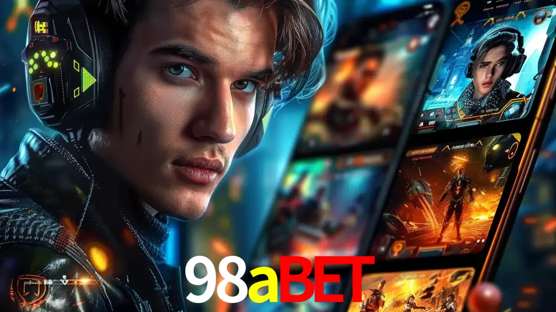 Jovem jogador com fones de ouvido olhando para a câmera, com um aplicativo de jogos e e-sports para celular ao fundo, pronto para a competição e apostas no 98abet.