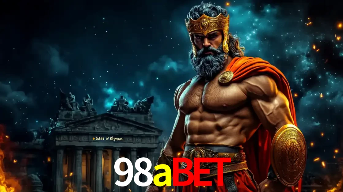 O poderoso Zeus do jogo de slot Gates of Olympus em frente ao seu templo, pronto para lançar multiplicadores divinos e prêmios épicos no cassino online 98abet.