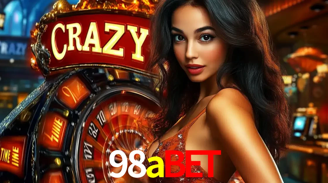 Mulher glamourosa olhando para a câmera com a roda vermelha do Crazy Time ao fundo em um ambiente de cassino, destacando a emoção dos jogos ao vivo no 98abet.