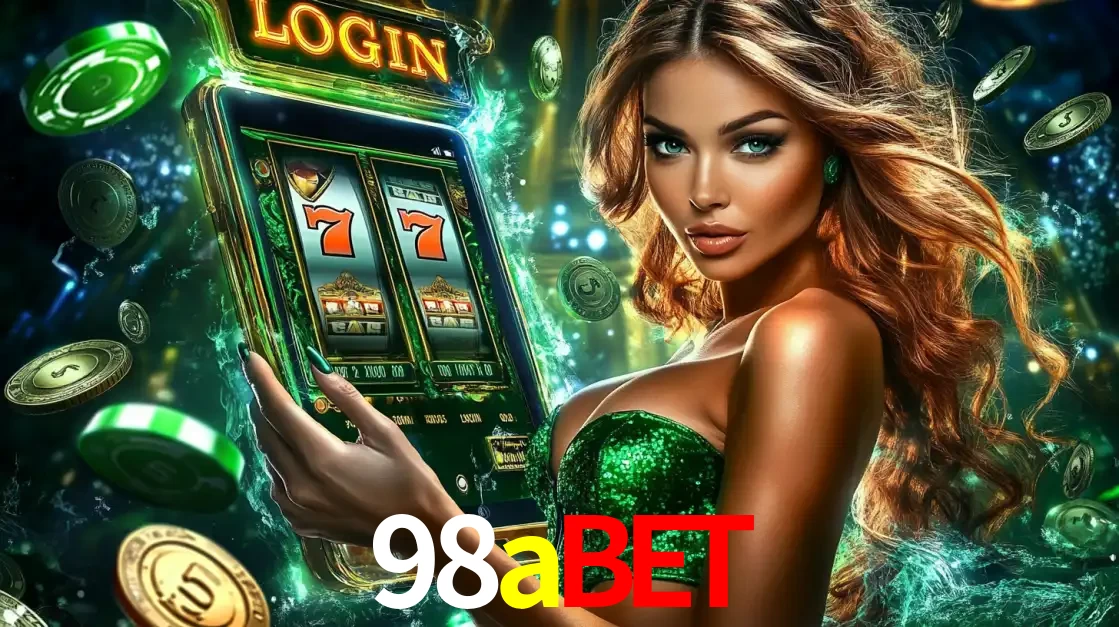 Mulher com tema verde apresentando o aplicativo do cassino 98abet com um jogo de slot de 777, cercada por fichas de cassino e uma aura de sorte.
