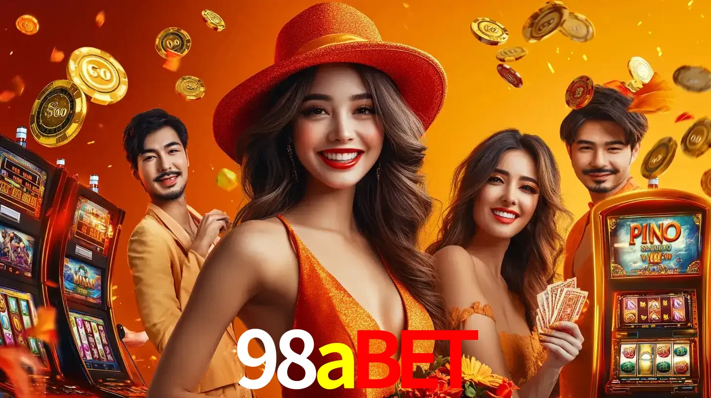 Grupo de amigos asiáticos sorrindo e se divertindo com máquinas de caça-níqueis em um ambiente festivo, celebrando suas vitórias nos jogos de cassino do 98abet.