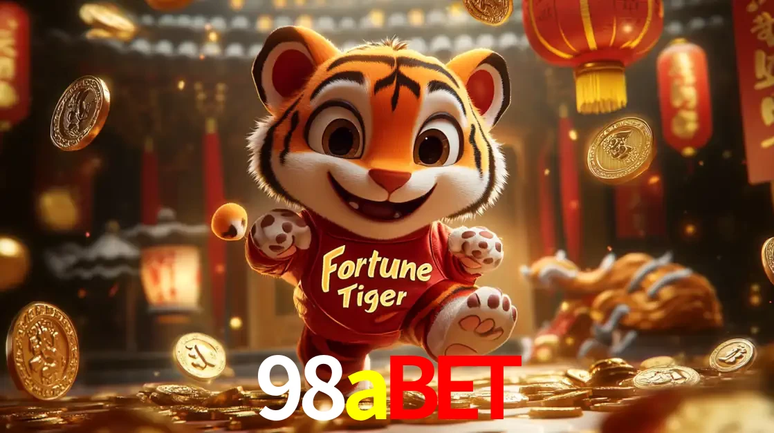 O alegre personagem do Fortune Tiger correndo sobre um caminho de moedas de ouro, simbolizando os grandes prêmios e a diversão do popular jogo de slot do 98abet.