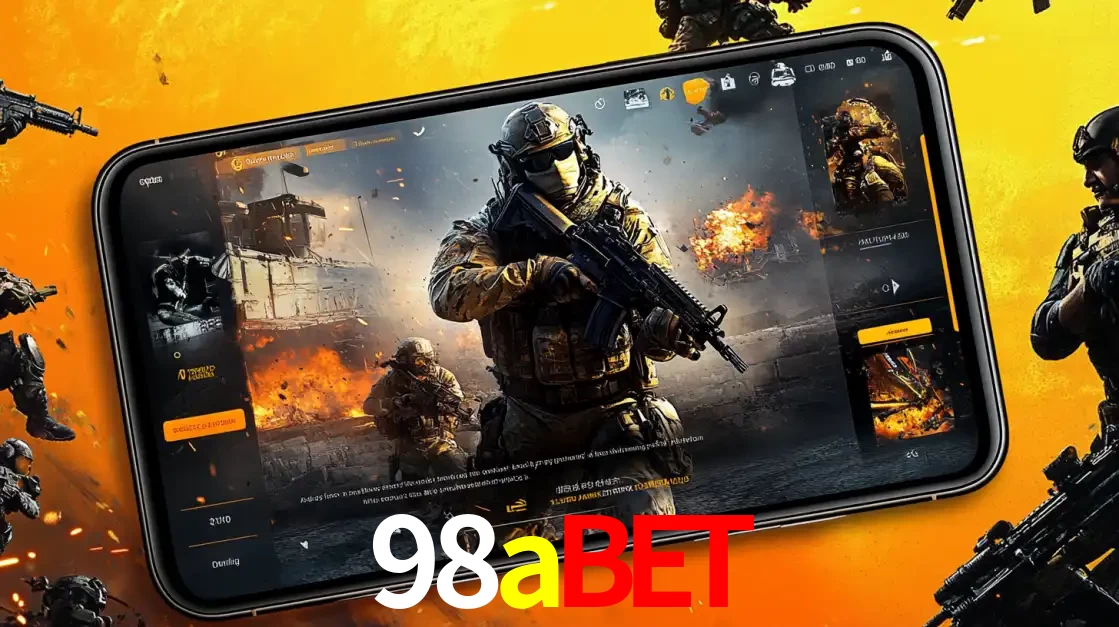Um smartphone exibindo a interface de um jogo de tiro em primeira pessoa, com um soldado em um cenário de batalha, representando a ação dos e-sports para apostar no 98abet.