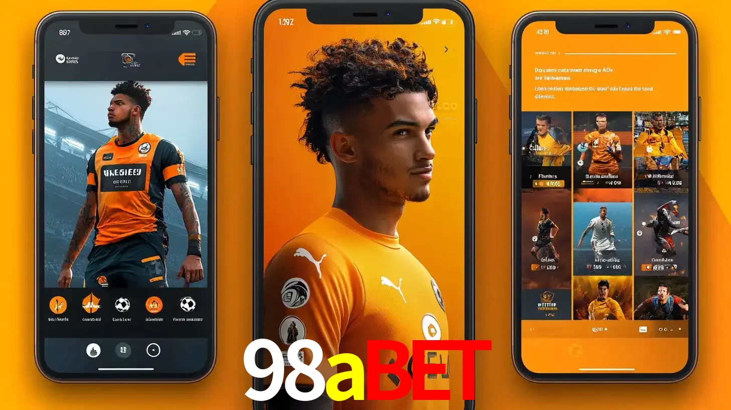 Interface do aplicativo de apostas esportivas 98abet em três telas de celular, mostrando o perfil de um jogador de futebol e a lista de jogos disponíveis para apostar.