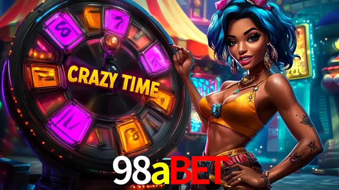 Mulher estilizada com cabelo azul e visual vibrante posando ao lado da roda de prêmios do game show Crazy Time, convidando para a diversão e os bônus do cassino 98abet.