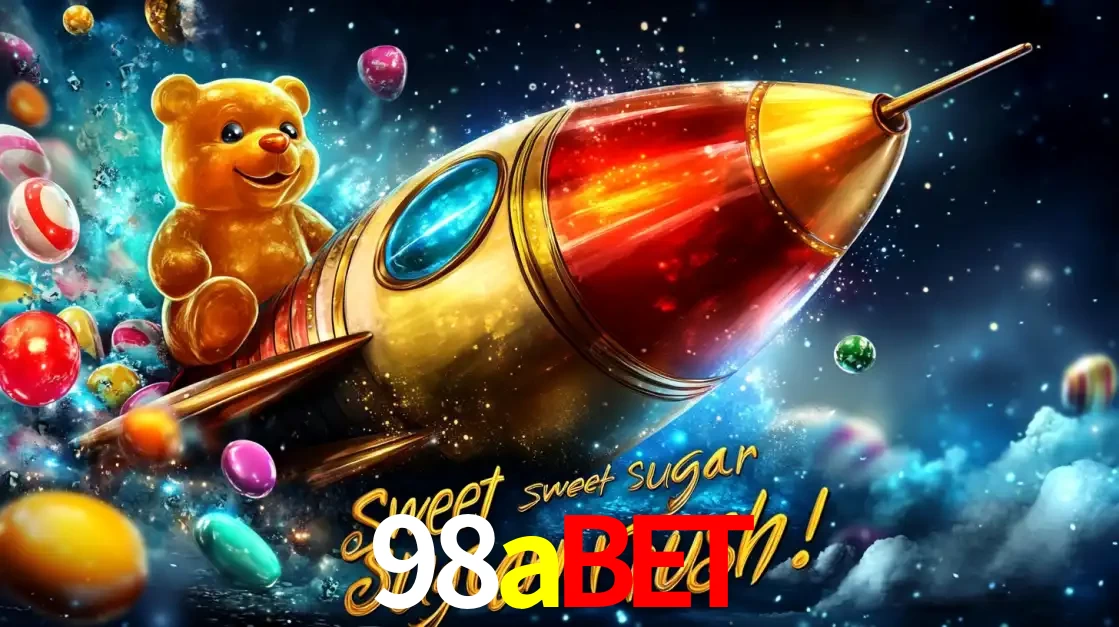 Arte promocional do jogo de slot Sugar Rush, com um urso de pelúcia em um foguete viajando pelo espaço de doces, um dos jogos divertidos disponíveis no cassino 98abet.