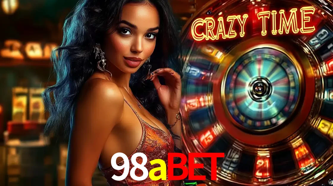 Mulher elegante ao lado da vibrante roda da fortuna do jogo de cassino ao vivo Crazy Time, um dos game shows mais populares e cheios de prêmios do 98abet.