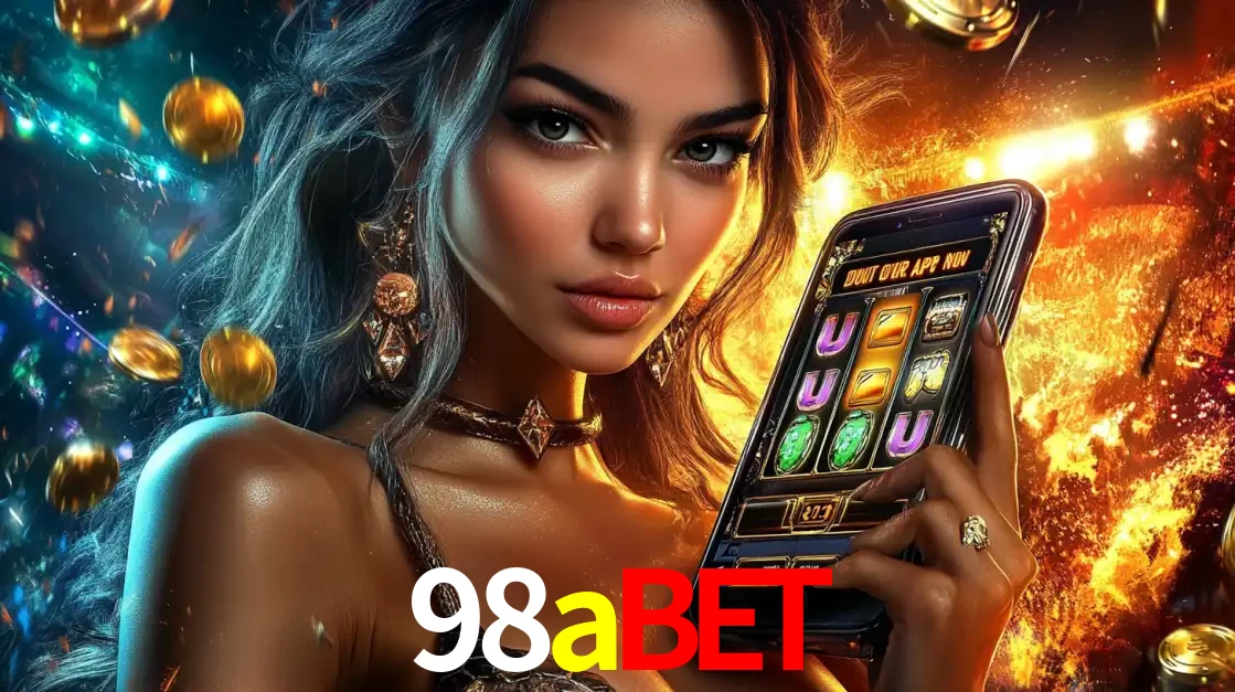Mulher elegante mostrando um jogo de caça-níqueis em seu smartphone, destacando a experiência de cassino móvel oferecida pelo aplicativo 98abet.