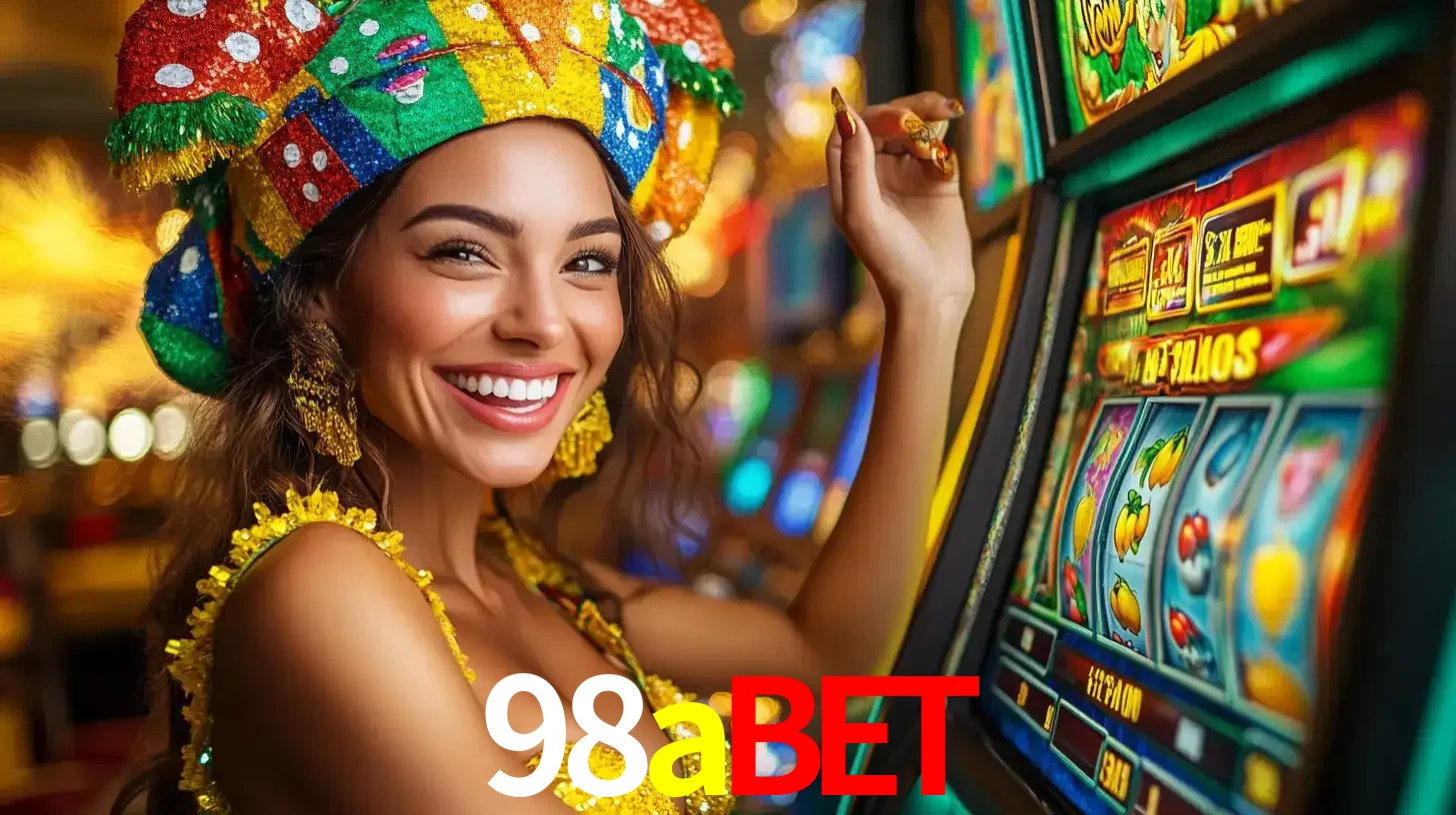Mulher feliz com traje de carnaval amarelo e colorido ao lado de uma máquina de caça-níqueis, aproveitando a diversão e os jogos temáticos do cassino 98abet.