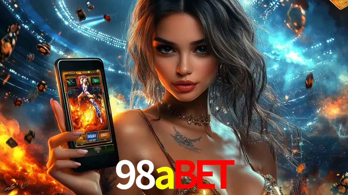 Mulher segurando um celular com um jogo de slot em destaque, tendo como fundo um estádio vibrante, simbolizando a emoção de jogar no cassino móvel 98abet.