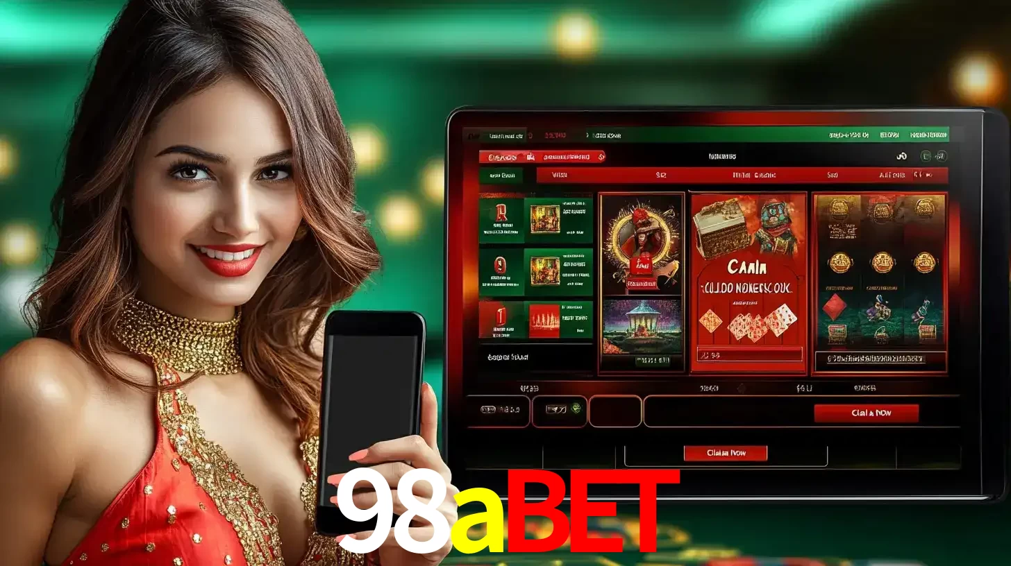 Mulher sorridente segurando um smartphone, ao lado de uma tela exibindo o lobby de jogos do cassino online 98abet, com várias opções de jogos de cartas e slots.